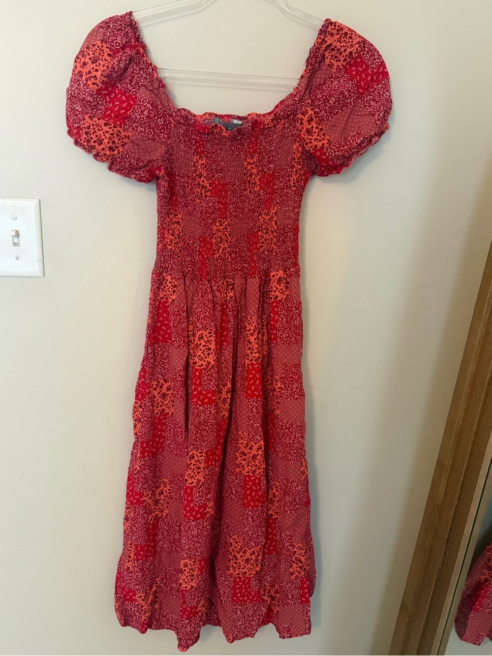 Women's Red Patchwork Puff-Sleeve Casual Dress